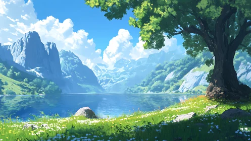 Sunlit lakeside meadow meets distant snowy mountains peacefully.