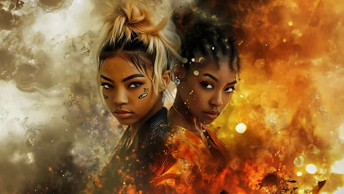 Dual portrait amid swirling ember clouds and smoky veils.