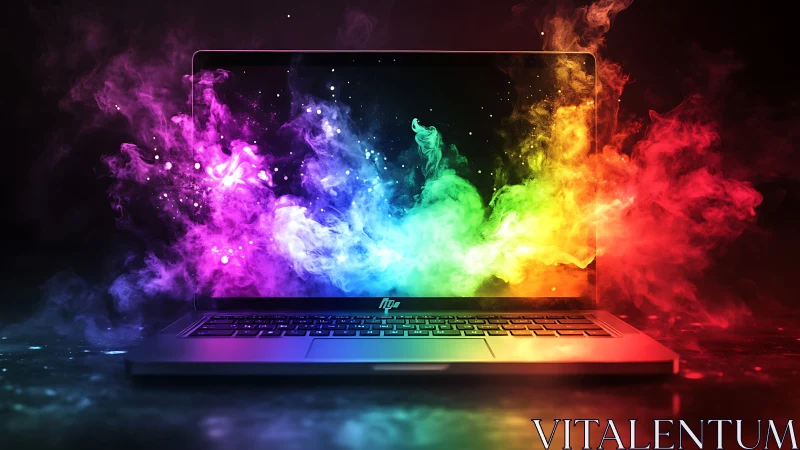 Laptop emits vivid multicolor smoke clouds in dark studio.