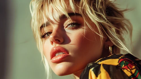 Sunlit gaze and tousled blonde hair in bold colors.
