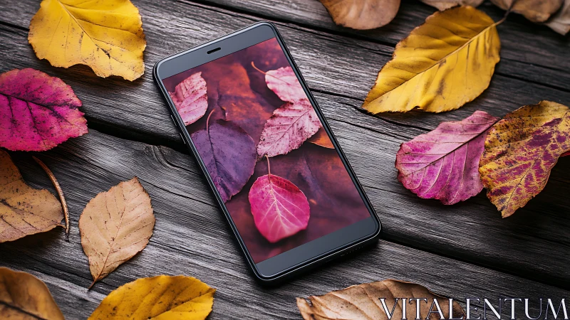 Smartphone on weathered wood reflecting vivid autumn foliage