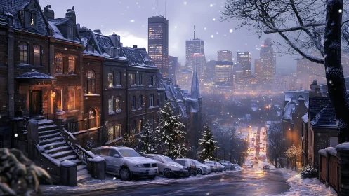 Snow-covered hill street shows warm façades and misty skyline