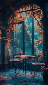 Enchanted garden terrace with wrought iron café seating.