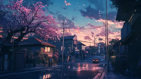 Twilight cherry blossoms over quiet rainy suburban street.