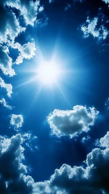 Radiant midday sun bursting through vivid cobalt clouds.