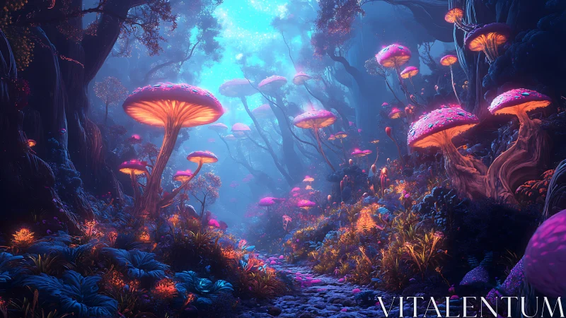 Bioluminescent mushroom forest path under blue twilight.