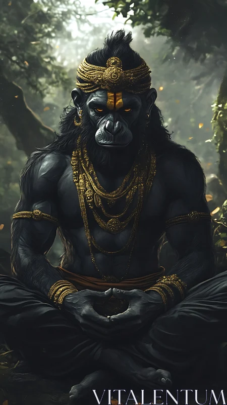 Simian warrior yogi in gold regalia, meditative forest posture.