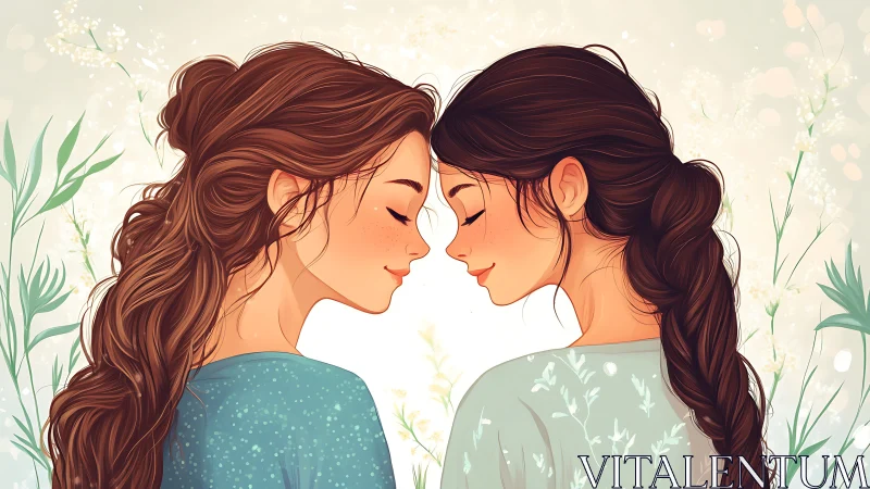 Two young women with closed eyes, soft pastel illustration style.