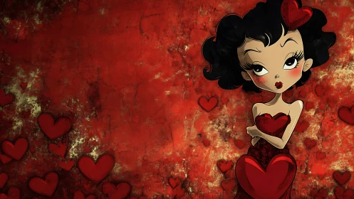 Vintage Pin-Up Beauty with Heart Motifs on Distressed Red