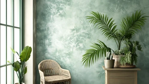Sunlit corner welcomes lush indoor plants and wicker chair