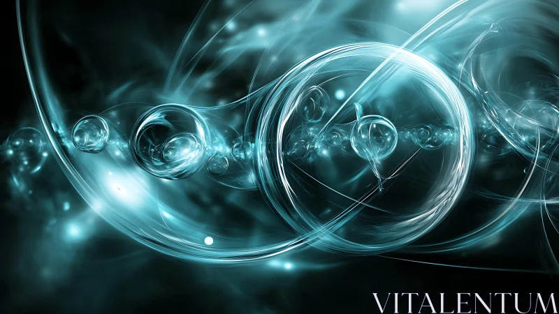 Abstract glowing teal spheres and swirls in digital fractal art.