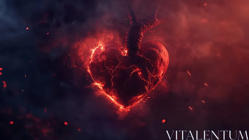 Demonic heart with horns ablaze in fiery red glow.