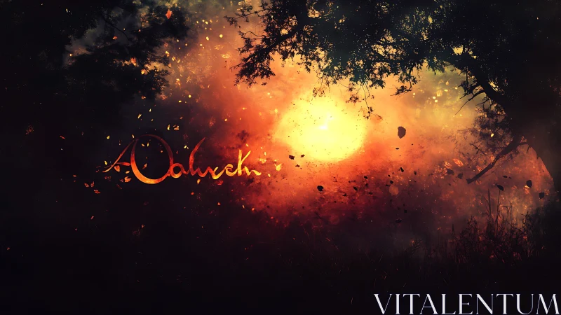 Digital painting of fiery forest dusk with typographic flare.