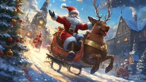 Santa rides reindeer-drawn sleigh through snowy village street