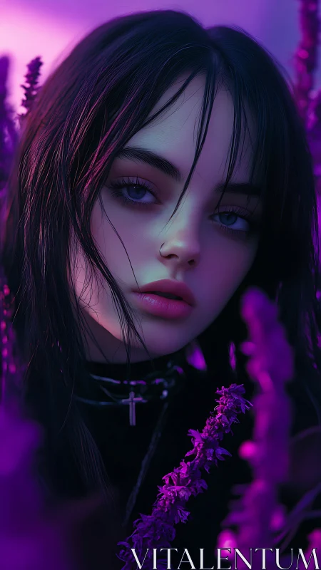 Digital portrait of goth girl in neon lavender depth field.
