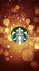 Coffee chain logo over golden bokeh light background.