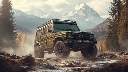 Mountain-tough Mercedes SUV prowls misty alpine dirt road.