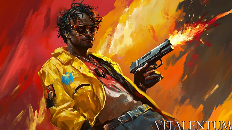 Neon soaked gunman strides through blazing abstract firestorm