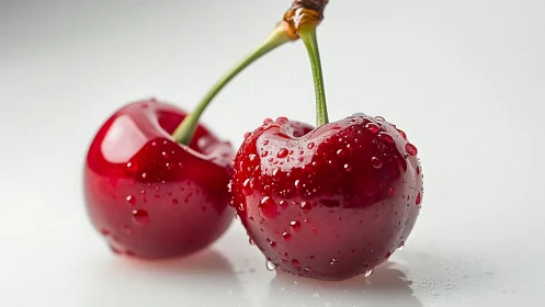Twin ruby cherries lean together, sparkling with chilled promise