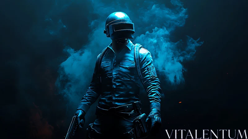 Armored combatant stands in blue smoke with pistols ready