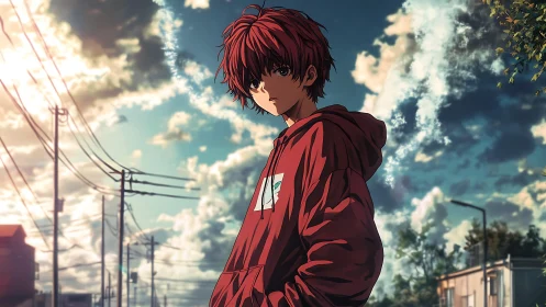 Red haired anime boy stands in hoodie under dramatic sky