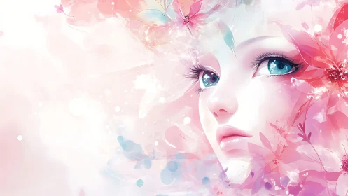 Ethereal anime portrait merges crystalline eyes and floral light