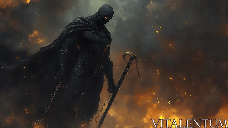 Armored dark sentinel stands amid incendiary battlefield haze