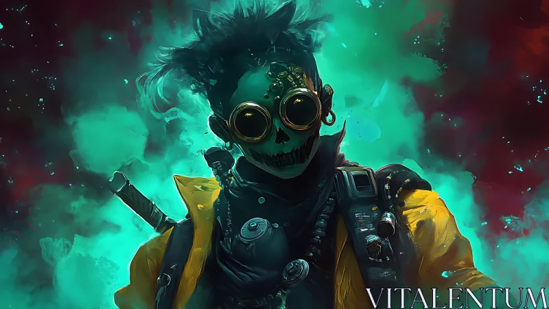 Postapocalyptic skull-masked wanderer strides through toxic haze