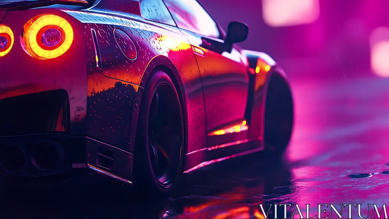 Neon-soaked sports car rear in cinematic cyberpunk nightscape.