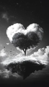 Heart-shaped tree silhouette against cloud formations and starfield