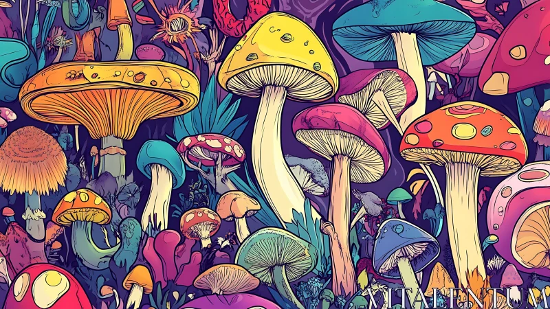 Colorful fantasy mushroom forest in dense psychedelic style.