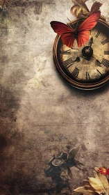 Rustic clock and gentle red butterfly share a quiet moment