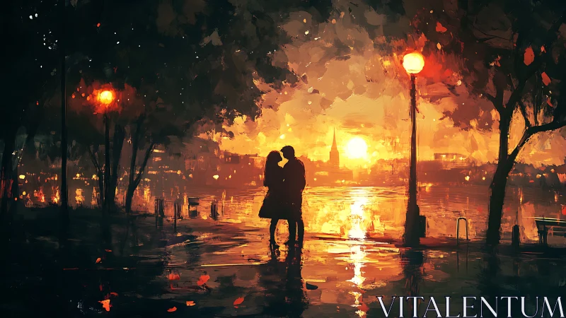 Silhouetted couple stands before golden city sunset reflected in wet pavement