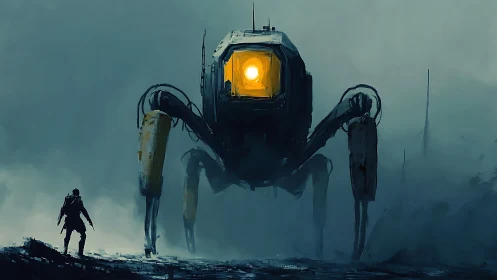 Giant quadruped robot facing lone figure in misty landscape.