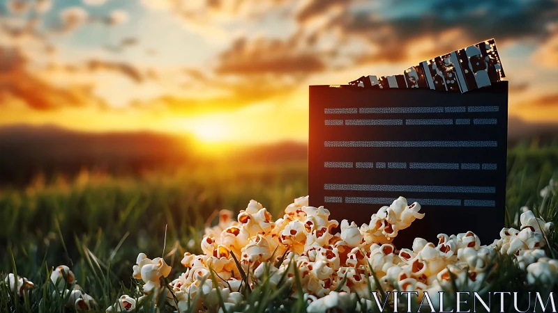 Popcorn and film clapperboard arranged on grass at sunset