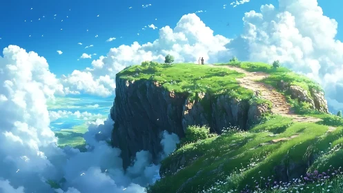 Grassy cliff plateau rises above dense clouds under blue sky