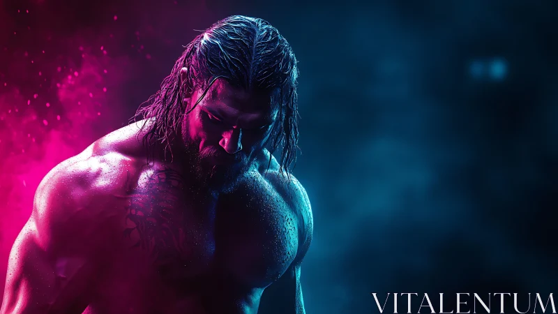 Neon rim-lit warrior rendered in high-contrast digital lighting