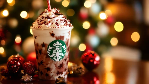 Festive holiday drink stands before glowing Christmas lights.
