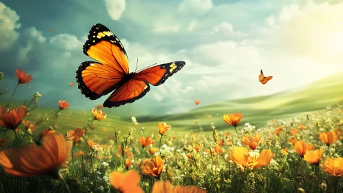 Monarch daydream drifting over sunlit wildflower seas.