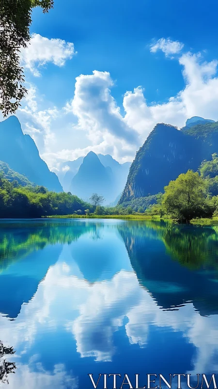 Mirror-still lake reflecting towering karst mountains flawlessly.