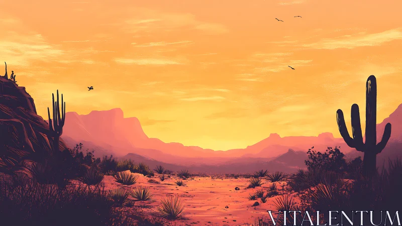 Desert landscape with cacti under orange sunset sky.