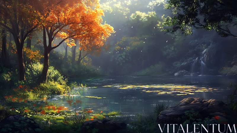 Sunlit forest pond shows autumn foliage and distant waterfall