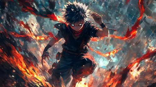 Fiery anime warrior charges through explosive battlefield.