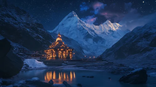 Golden mountain temple glowing under a calm winter night.