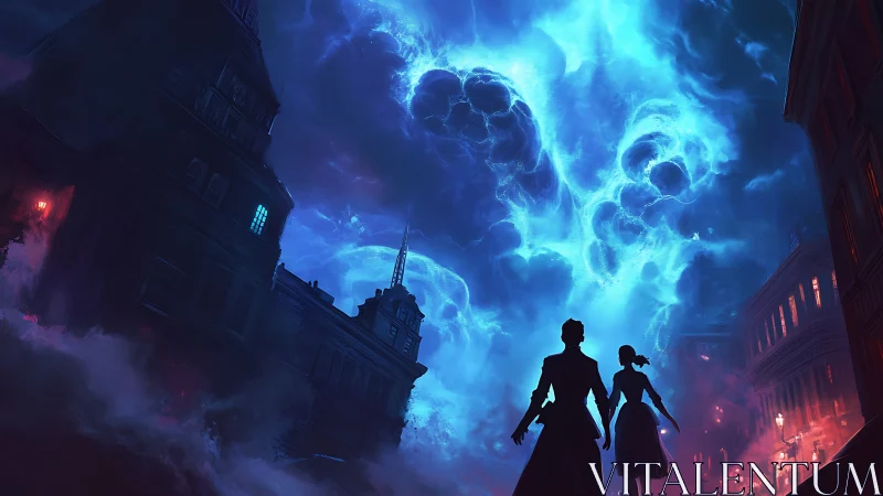 Couple Stands Beneath a Glowing Storm of Blue Wonder.