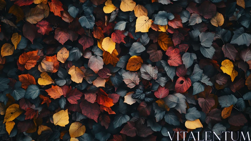 Overhead view of multicolored fallen foliage on dark ground.