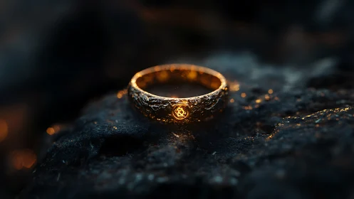 Textured molten-gold ring with glowing emblem on dark basalt