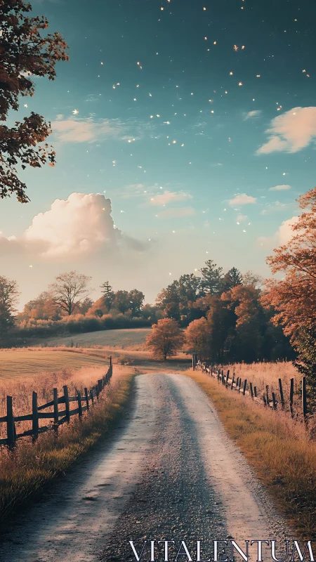 Gravel lane under luminescent dusk sky with autumnal fieldscape.