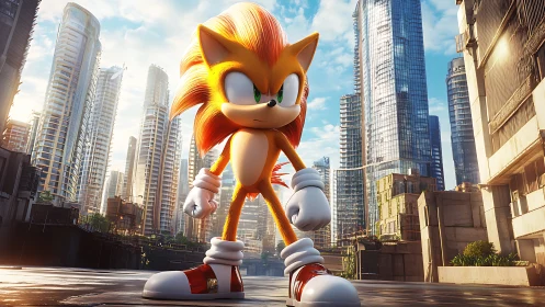 Golden hedgehog hero strides through sunlit megacity streets.
