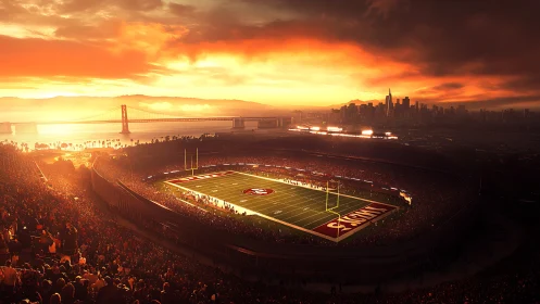 Sunset football stadium glowing beside a golden bay skyline.